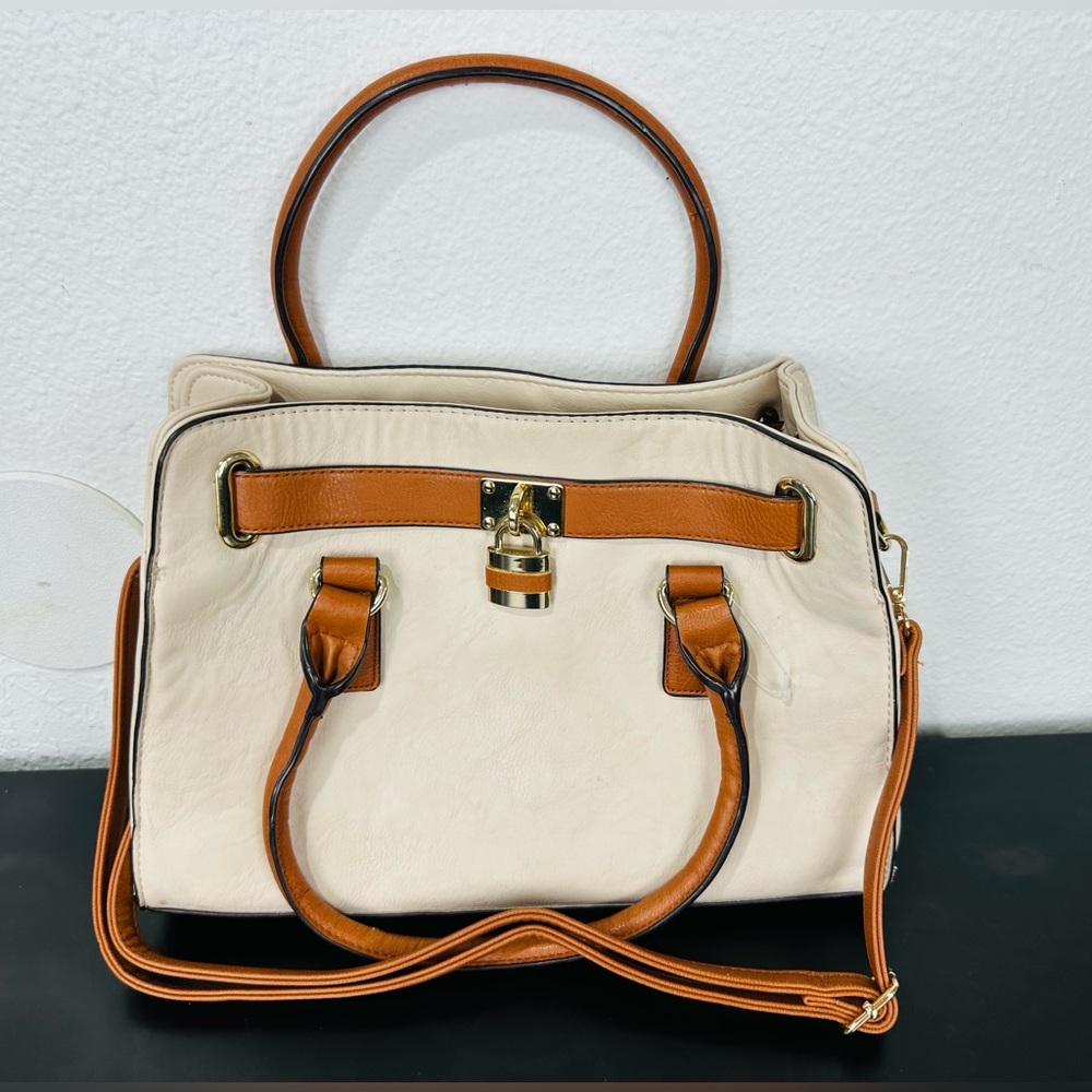 Cream and Tan Structured Satchel Handbag with Lock Detail